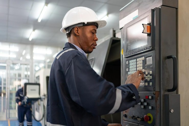 Remotix engineer operating an industrial machine control panel